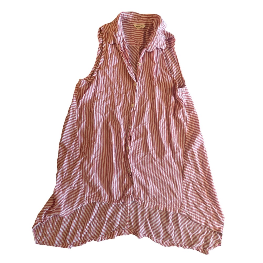 Max Studio Womens Large Red White Striped Sleeveless High Low Button‎ Down long